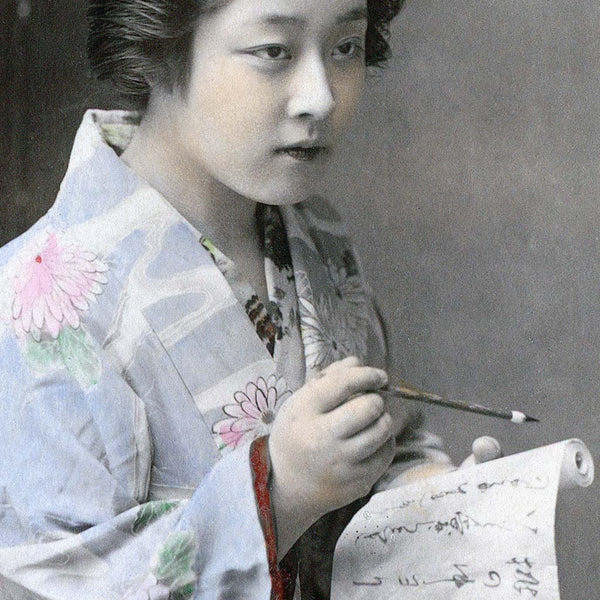 Fine art print of a Japanese woman in kimono writing a scroll letter, 1890s