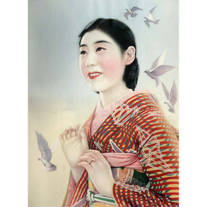 Artwork of a beautiful Japanese woman in kimono surrounded by birds