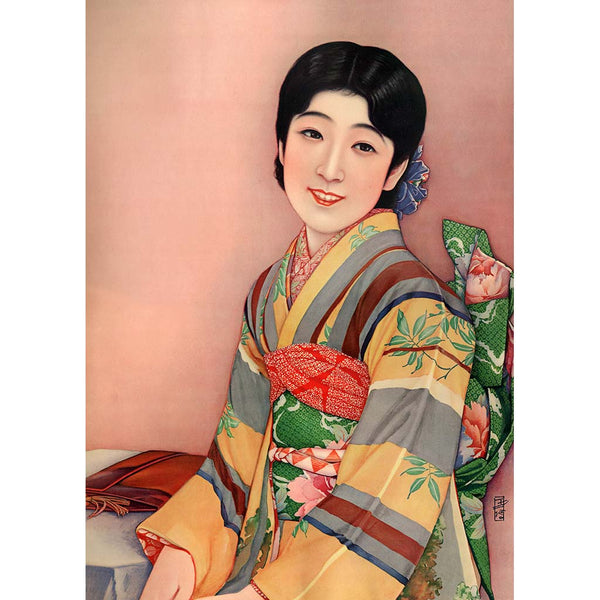 Artwork of a beautiful Japanese woman in a delicate orange kimono
