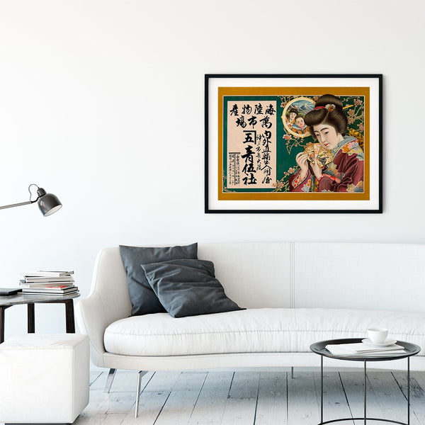 Interior design with fine art print of a Japanese woman in kimono holding Japanese Karuta cards