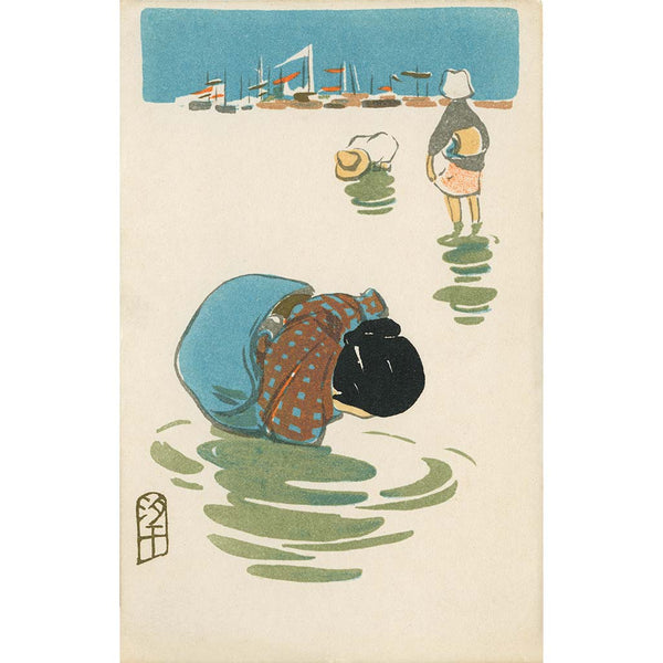 Fine art print of Japanese women collecting shells at low tide, early 20th century