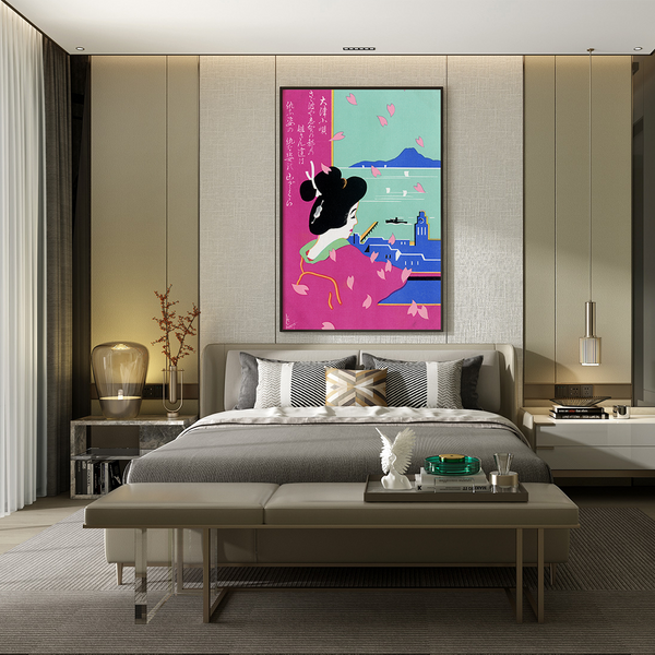 Interior decor with a fine art print of a geisha looking over Lake Biwa in Otsu