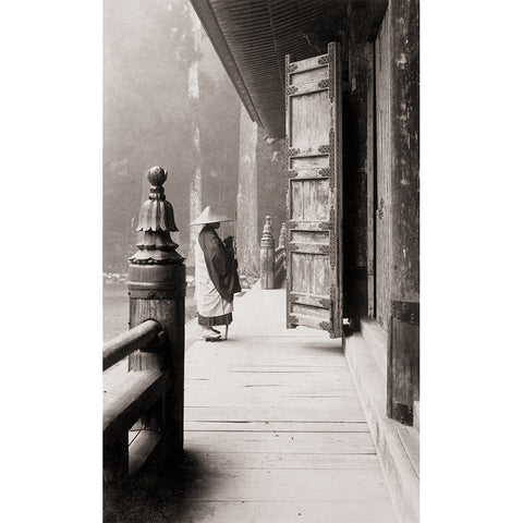 Fine art print of a Buddhist monk praying at a temple