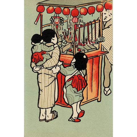 Fine art print of children at the portable stall of a Japanese candy vendor, early 20th century