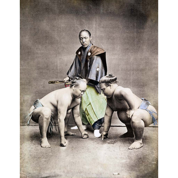 Art Print of Japanese sumo wrestlers and a referee, 1870s