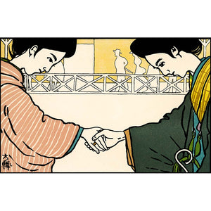 Fine art print of Japanese women in kimono shaking hands at the station