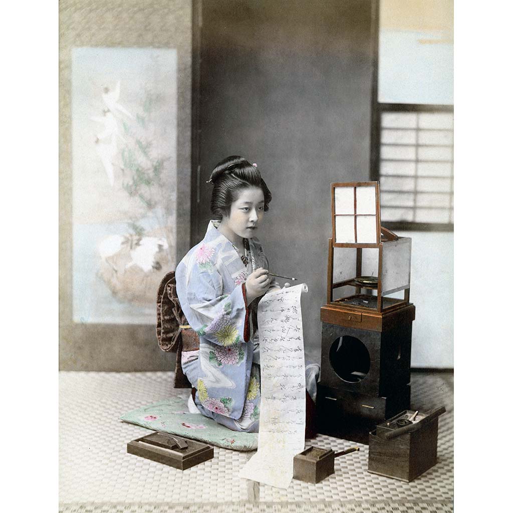 Fine art print of a Japanese woman in kimono writing a scroll letter, 1890s